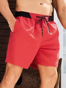 Manfinity Swimmode Men's Solid Color Lace-Up Pocket Simple Casual Beach Shorts