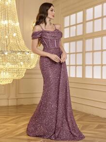 Strapless Back Cross-Tie Backless Design, Fishbone Slit Front, Lengthen Leg Line, High-End, Elegant Glittery Cocktail Dress Formal Evening Prom Wedding Guest Gown, For Graduation, Dinner Party Dress - Dusty Pink - View 3