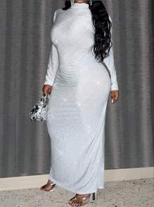 Slaydiva 新款感恩节服装，女士高领长袖露背闪亮正式派对长裙 - 杏色 - 查看 7