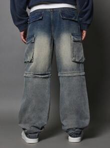 SUMWON Oversized Utility Cargo Denim Jeans Multi Pocket Design Light Wash Streetwear Wide Leg Loose Fit Y2K Fashion Pants Skater Style Urban Casual Bottoms - Blue - View 4