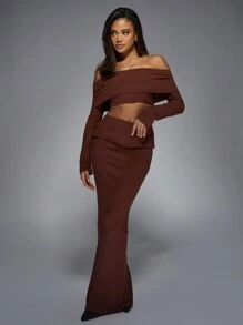 MISSGUIDED Brush Rib Flap Detail Off Shoulder Long Sleeves Top And Bodycon Maxi Skirt Two Piece Co-Ord Set - Coffee Brown - View 6