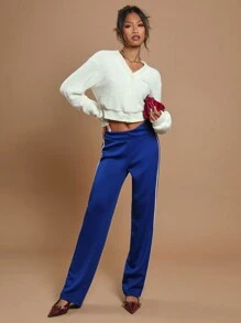 COSMINA Women's Solid Color Patchwork Casual Low-Waist Sweatpants, Everyday Wear - Navy Blue - View 4