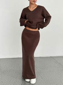 SHEIN MOOSTA Autumn/Winter Elegant Coffee Brown V-Neck Slimming Sweater And Knitted Skirt 2 Pieces Set Fall Cloth For Women - Coffee Brown - View 5