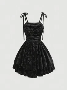 SHEIN MOD 细肩带 V 领褶皱天鹅绒提花分层飘逸休闲中长连衣裙、冬季女装、黑色返校节连衣裙、优雅女装、性感黑色连衣裙、返校节连衣裙、海盗连衣裙、吸血鬼连衣裙、女巫连衣裙、哥特式连衣裙 - 黑色 - 查看 1