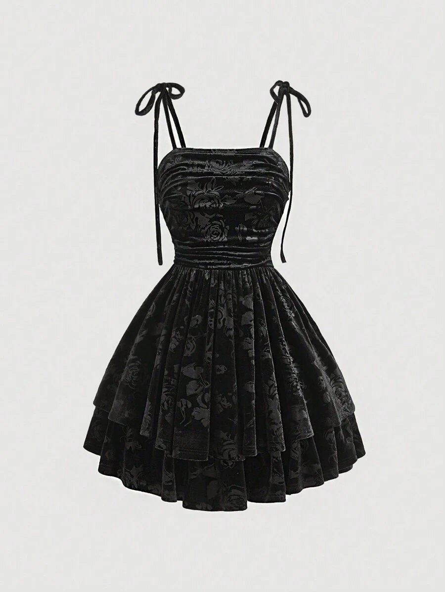 SHEIN MOD 细肩带 V 领褶皱天鹅绒提花分层飘逸休闲中长连衣裙、冬季女装、黑色返校节连衣裙、优雅女装、性感黑色连衣裙、返校节连衣裙、海盗连衣裙、吸血鬼连衣裙、女巫连衣裙、哥特式连衣裙 - 黑色 - 查看 1