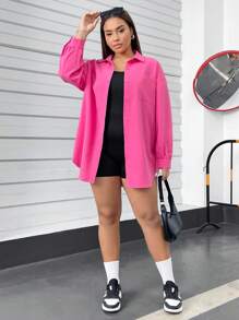 SHEIN Essnce 大码女式秋季休闲宽松粉色长袖纽扣衬衫和黑色连体衣两件套，秋季女装，女装，服装套装，返校节，Y2k，街头服饰，适合夏季 - 玫紅色 - 查看 6