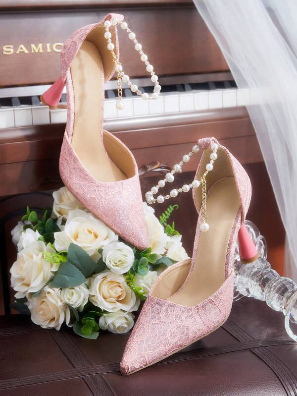 CUCCOO HITCHD Women's Fashion Elegant Pink Lace Faux Pearl Chain Pointed Toe High Heel Pumps,Suitable For Wedding Bride Bridesmaid,Party,Banquet,Date,Holiday,Christmas,New Year,Valentine's Day,Comfortable Shoes Valentines