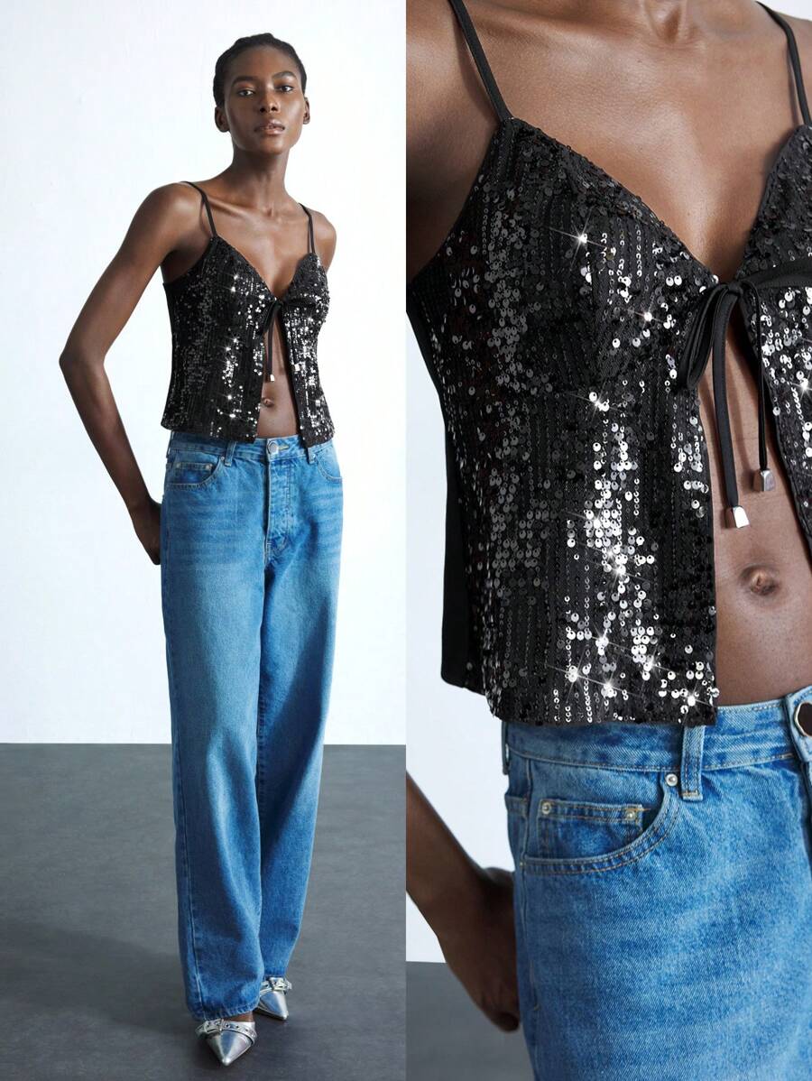 Maija 女式黑色闪亮亮片面料迷人 V 领宽松细肩带吊带上衣，适合所有季节，时尚都市优雅休闲装，商务休闲办公室，低调精致时尚，城市通勤必备品，编辑精选，社交名媛节日派对，浪漫优雅邮轮度假装 - 黑色 - 查看 1