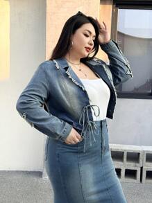 SHEIN EZwear Plus Size Front Tie Long Sleeve Frayed Hem Casual Denim Jacket - Light Wash - View 2