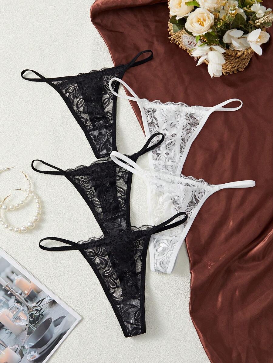 SHEIN 5pcs/Set Sexy Lace Women's G-String Panties, Breathable And Comfortable Lingerie - Black and White - View 1