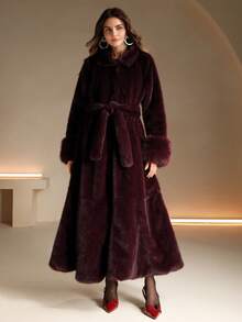 Anewsta 秋冬新款人造皮草大衣，优雅女士长款皮草夹克，简约时尚外套 - 酒紅色 - 查看 5