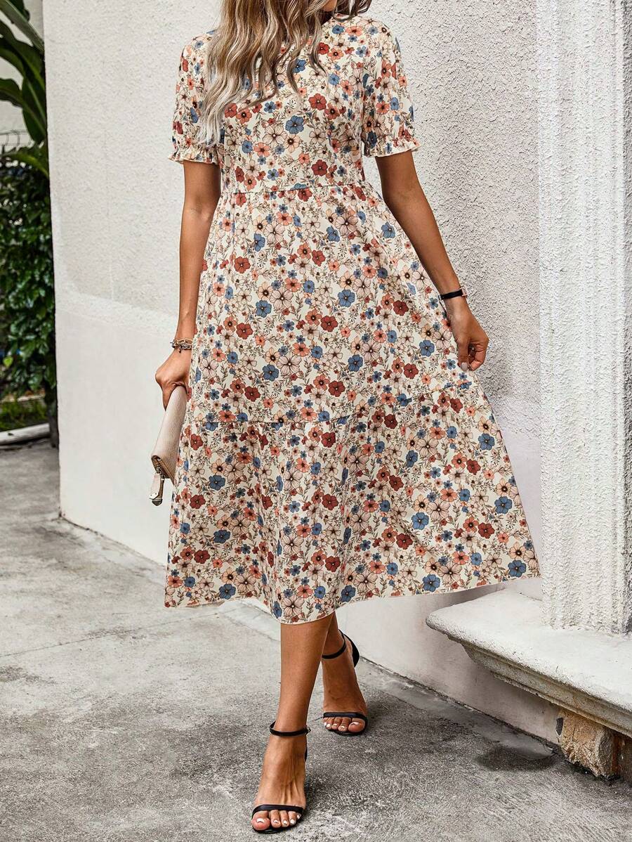 SHEIN Clasi Plus Size Ditsy Floral Short Sleeve Casual Vacation Dress - Multicolor - View 1