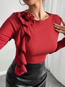 Elenzga 女士优雅长袖 T 恤，带有 3D 花卉装饰，适合派对和节日，秋冬季新年服装图案 T 恤女士春季上衣