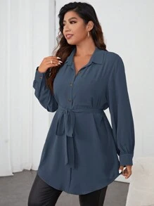 Firerie Plus Size Plain Button-Front Long Sleeve Tie Waist Casual Shirt Spring To Summer - Dusty Blue - View 4