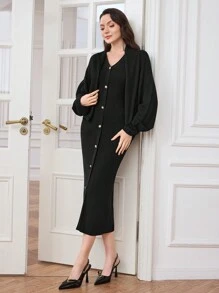 Modelyn 2 Pieces Set: Waist-Cinched Halter Neck Dress & Short Cardigan Outerwear, Elegant 2 Pieces Set - Black - View 5