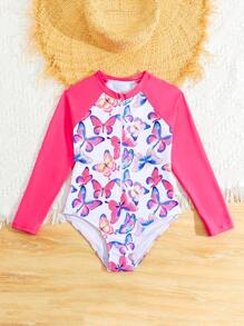 Young Girls' Minimalist One-Piece Swimsuit With Raglan Zip, Casual Everyday Wear