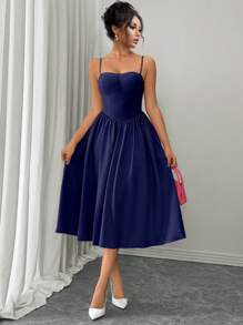 Rafferiza Vestido acampanado con espalda descubierta, versátil y de moda, apropiado para citas, fiestas, otoño/invierno - Azul Marino - Ver 6