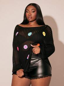 SHEIN SXY 大码圆领长袖 3D 花卉装饰宽松休闲毛衣