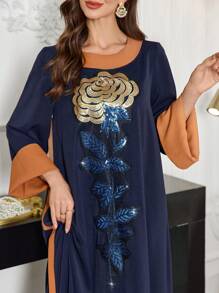 Al Najma 亮片玫瑰花卉撞色喇叭袖阿拉伯连衣裙，秋冬，端庄 - 彩色 - 查看 7