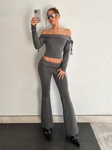 EgrlEra 女士露肩抽绳长袖露肩上衣和低腰裤套装，Y2K 两件套西装，秋季 Y2K 服装 - 深灰色 - 查看 3