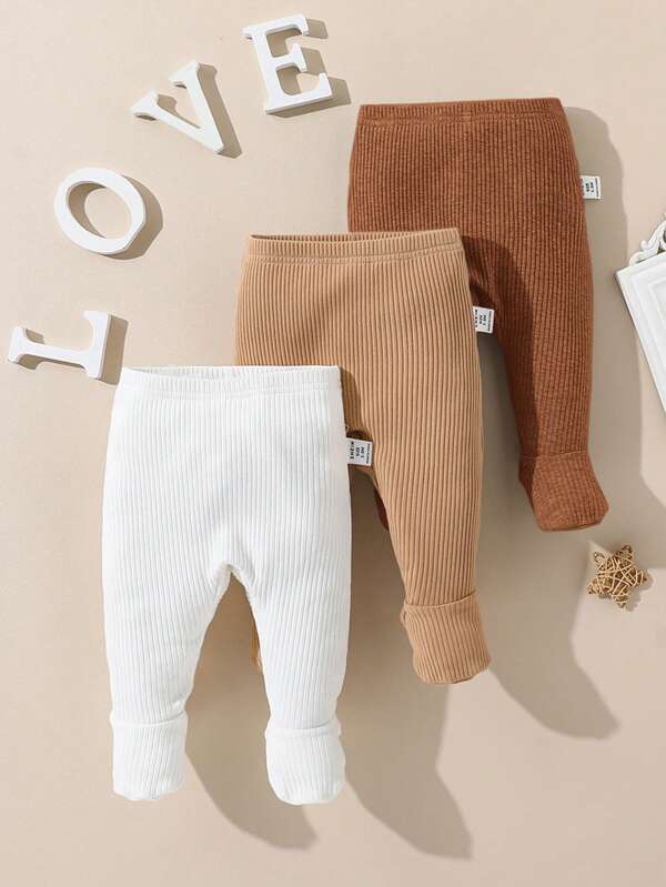 SHEIN 3 bucăți/set nou-născuți, băieți și fete, leggings tricotați elastici, simpli, simpli, confortabili