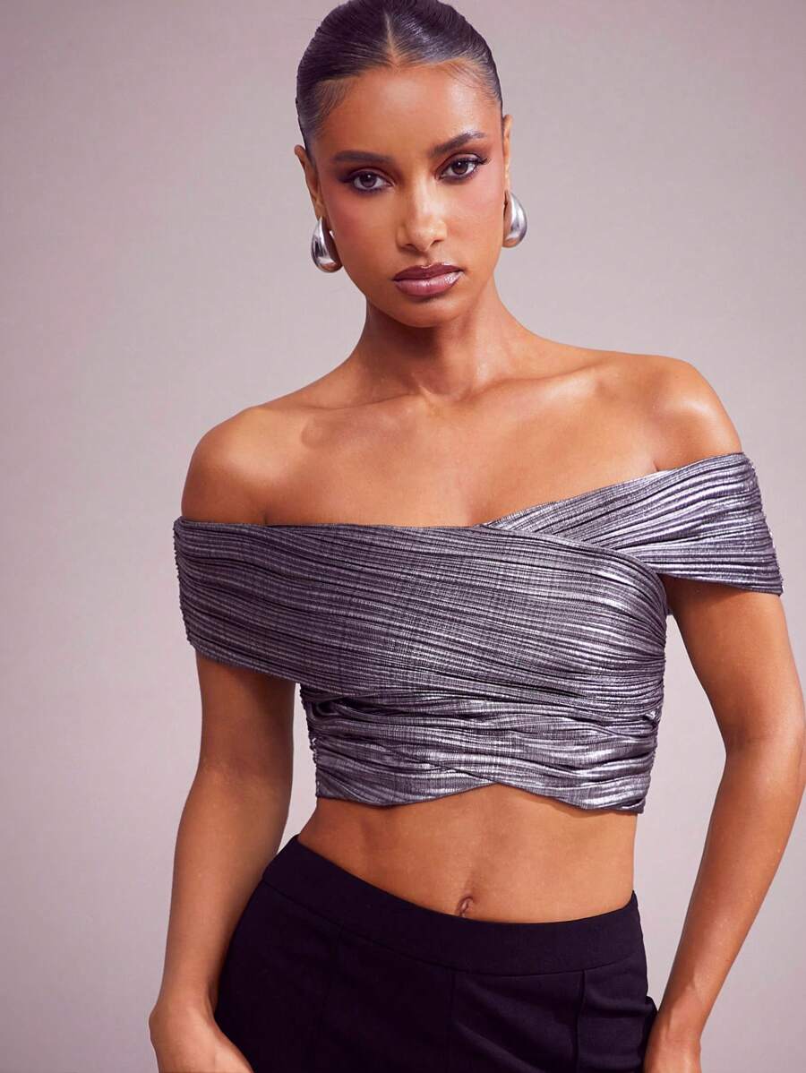 Hauture Winter Women Clothes, Women Elegant Silver Metallic Pleated Off-Shoulder Fitted Solid Color Crop Top With CrissCross Front, Women Tops, Going Out Tops. For Date Night, Concerts, Performances, Parties, Clubs, Evening