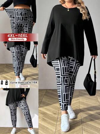 SHEIN CURVE+ Curve Plus Size Green Solid Color Long Sleeve T-Shirt & Camouflage Pants 2pcs Set, Comfortable & Elegant Fall Women Clothes Set