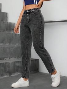 SHEIN Tall High Waist Mid Rise Button-Front Flared Mom Jeans For Women - Black - View 5