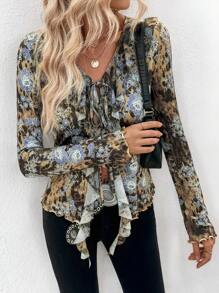 INAWLY Women Sexy Floral & Leopard Print Ruffle Trim Tie Front Long Sleeve Blouse Fall Cloth For Women - Multicolor - View 6