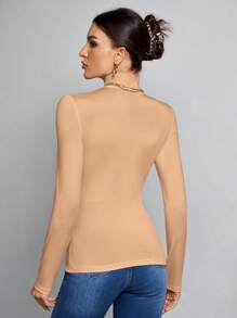 SHEIN Tall 简约纯色修身高领白色上衣适合秋冬季 - 駝色 - 查看 2