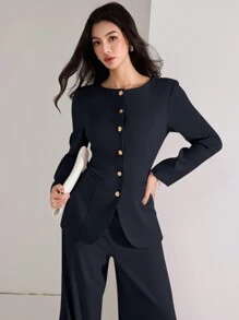 Heiryn 女士纯色前扣长袖简约衬衫和裤子套装秋冬两件套