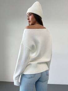 Aloruh Suéter holgado y casual de punto de cable con cuello redondo y hombros descubiertos para mujer, crema
