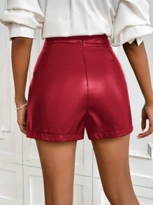 SHEIN Privé Women's Solid Color Split Hem Casual Shorts, Daily Wear - Red - View 2