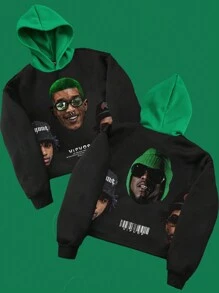 Manfinity EMRG Felpa oversize con cappuccio a blocchi di colore, con stampa frontale e posteriore di caratteri di hip-hop secondo la moda giovanile da strada. Felpa verde adatta per l atmosfera natalizia e l uso quotidiano, perfetta come regalo per amici, marito o fidanzato.