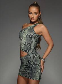 MISSGUIDED Snake Print Asymmetric One Shoulder Slinky Cut Out Bodycon Mini Dress