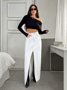 EURMUSE HIGH RISE CUT POP ART MODERN SKIRT WITH SLIT - White - View 4
