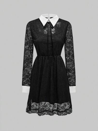 Robe courte gothique pour femme avec contraste de dentelle à la taille et à l'ourlet pour soirée