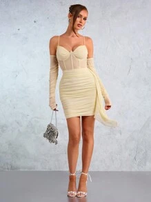 SHEIN SXY New Year Christmas Elegant Party Rose Champagne Gold Mesh Pleated Long Sleeve Halter Halter Corset Split Mini Dress