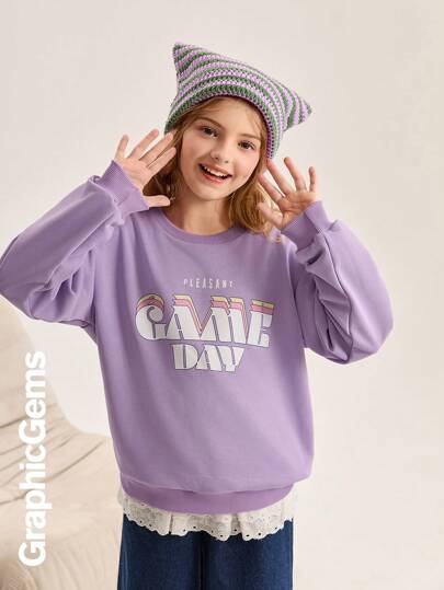 Sudadera informal de cuello redondo y manga larga con estampado de letras para niña preadolescente