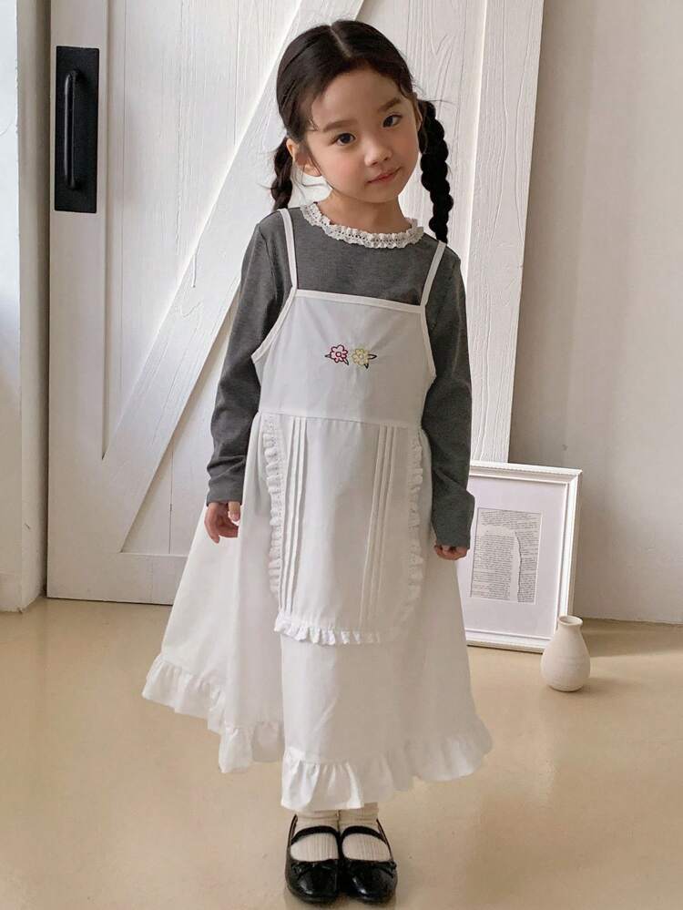Young Girl Casual Ruffled Strap Dress With Extended Sleeve Top 2 Pieces Set, Autumn