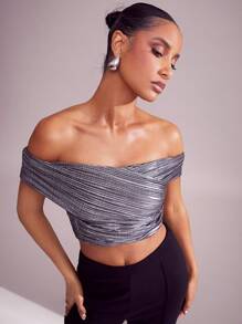 Hauture Winter Women Clothes, Women Elegant Silver Metallic Pleated Off-Shoulder Fitted Solid Color Crop Top With CrissCross Front, Women Tops, Going Out Tops. For Date Night, Concerts, Performances, Parties, Clubs, Evening