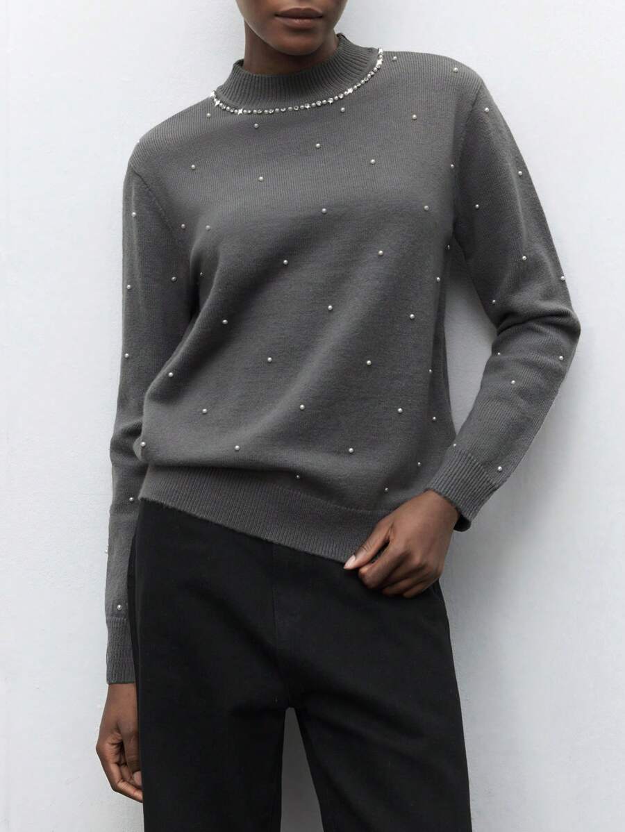 Maija Women's Gray Casual Rhinestone Collar Loose Long Sleeve Sweater Top, Versatile Minimalist Style Suitable For Daily Wear And Party, Early Spring