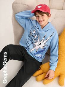 Tween Boys Casual Letter & Cartoon Print Round Neck Drop Shoulder Long Sleeve Hoodie And Pants 2 Pieces Clothes Set, Autumn/Winter
