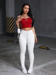 SHEIN ICON Women's Casual Street Style Solid Color Button Fly Ripped Skinny White Denim Jeans - White - View 2