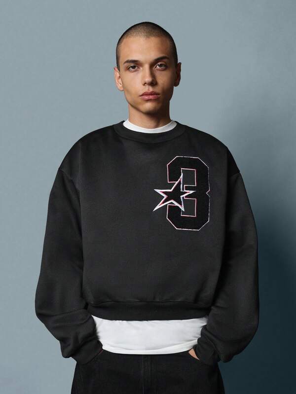 SUMWON Oversized Athletic Sports Varsity Number Star Logo Sweatshirt Pullover Layered Look Streetwear Fall Winter Activewear Athleisure