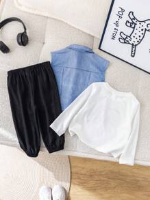 SHEIN Bộ 3 món áo thun dài tay họa tiết chữ đan cho bé trai/bé gái, áo vest và quần cạp chun, xuân/hè - Nhiều màu - Xem 2