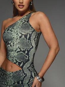 MISSGUIDED Snake Print Asymmetric One Shoulder Slinky Cut Out Bodycon Mini Dress