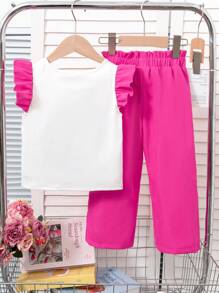 2pcs Young Girl' Casual Butterfly Print Flutter Sleeve T-Shirt And Leggings Set Summer Holiday - Multicolor - View 2