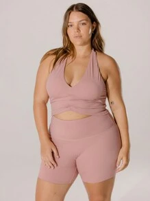 Aralina Curve Leisurewear Blush-Toned Ruched Halter-Neck Elegant Crop Active Top - Dusty Pink - View 6