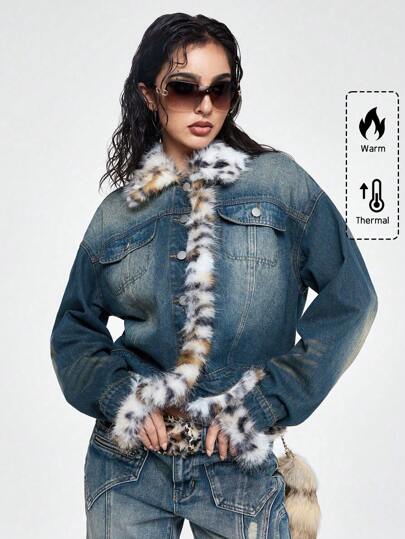 Grunge Punk Chaqueta vaquera con forro mullido de estampado de leopardo vintage Y2K, otoño/invierno